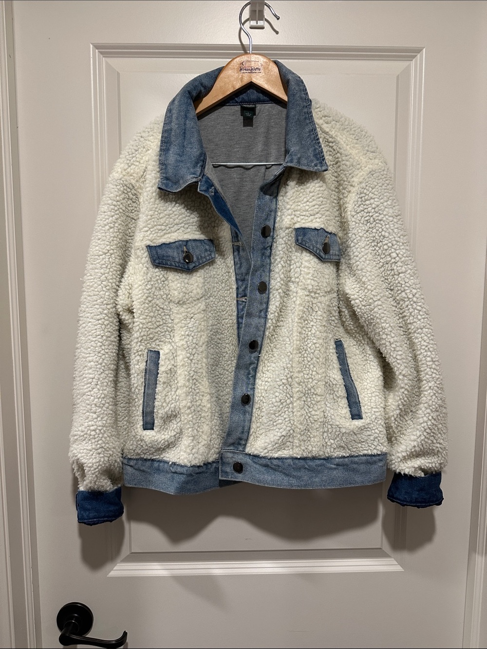 wild fable Cream Sherpa Jacket with Blue Denim Accents